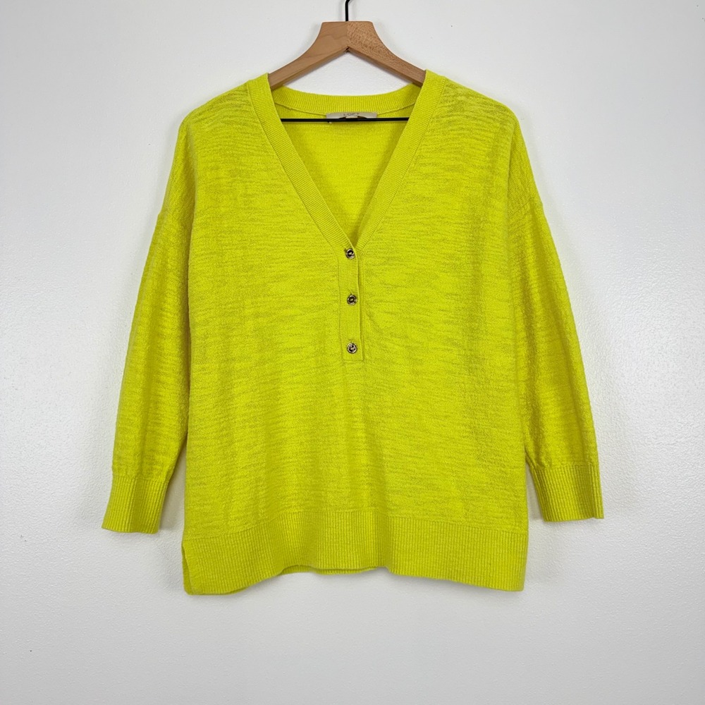 LOFT Henley Sweater Top Size M Bright Yellow Knit Cotton Blend 3/4 Sleeves Chic - Picture 2 of 14